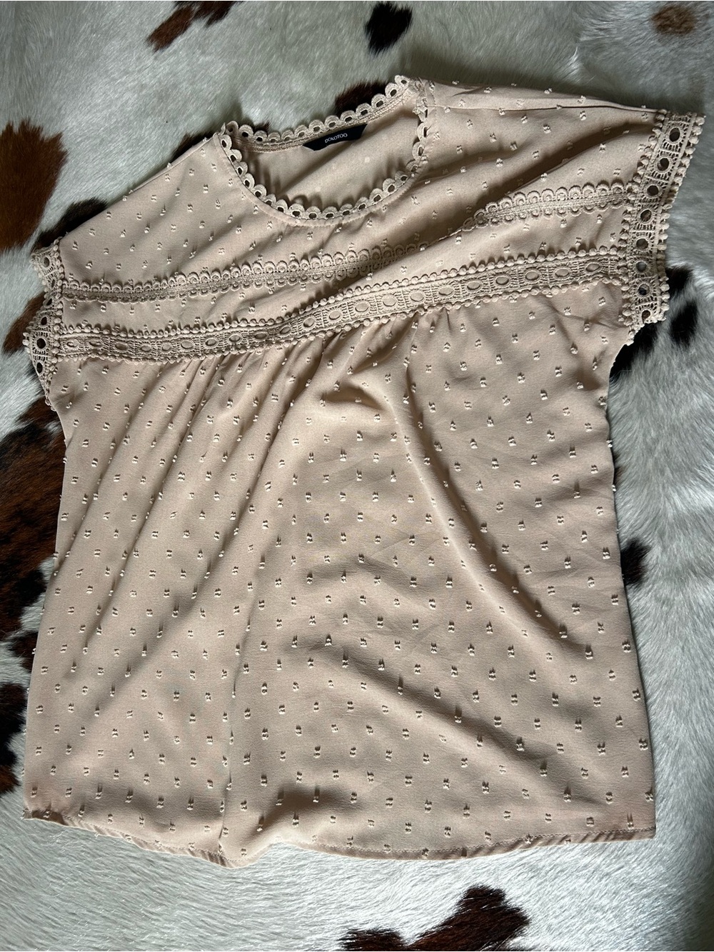 (3 for $25) Delicate Cream Lace-Trim Short Sleeve Blouse